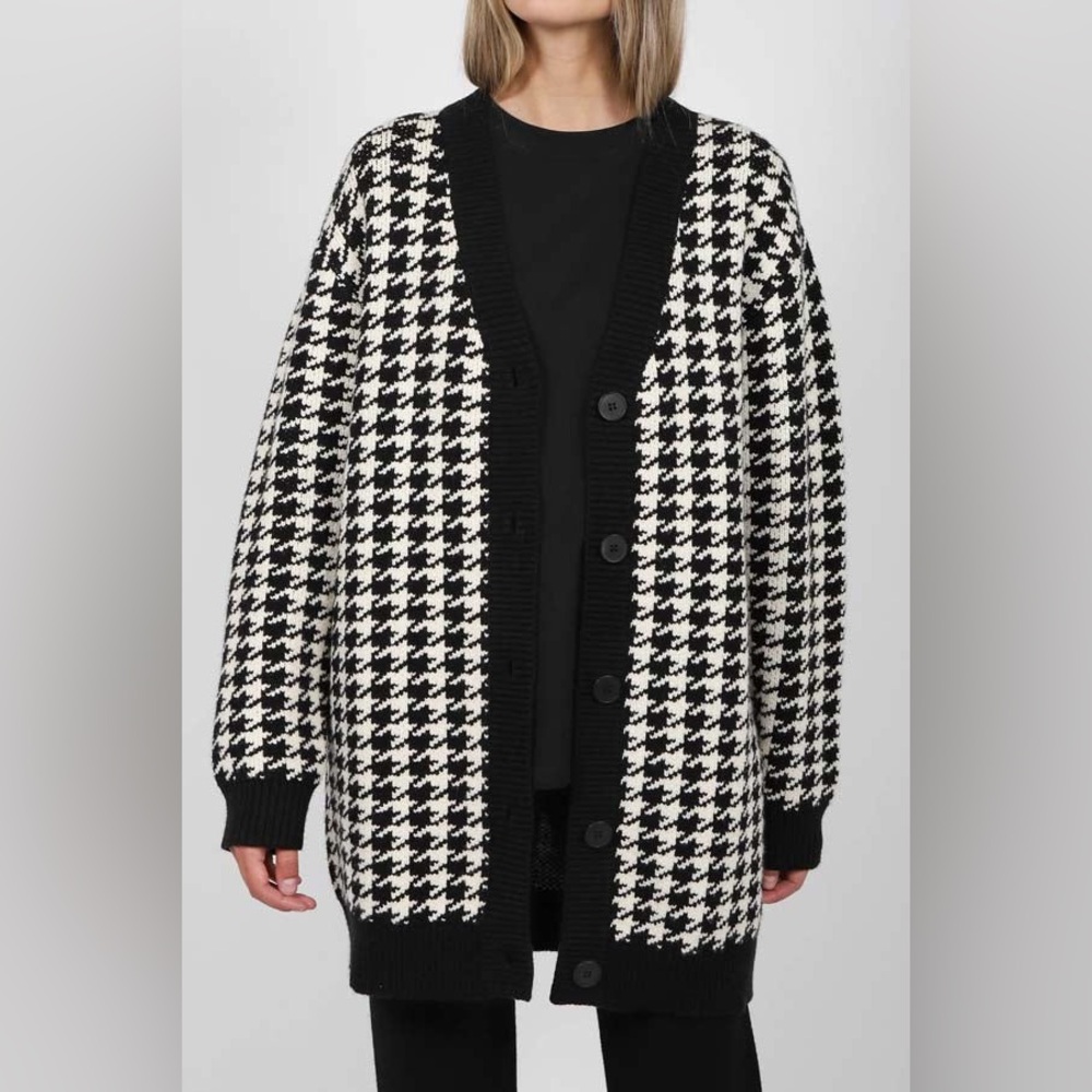 Brunette The Label Black White Houndstooth Knit Cardigan Sweater M/L